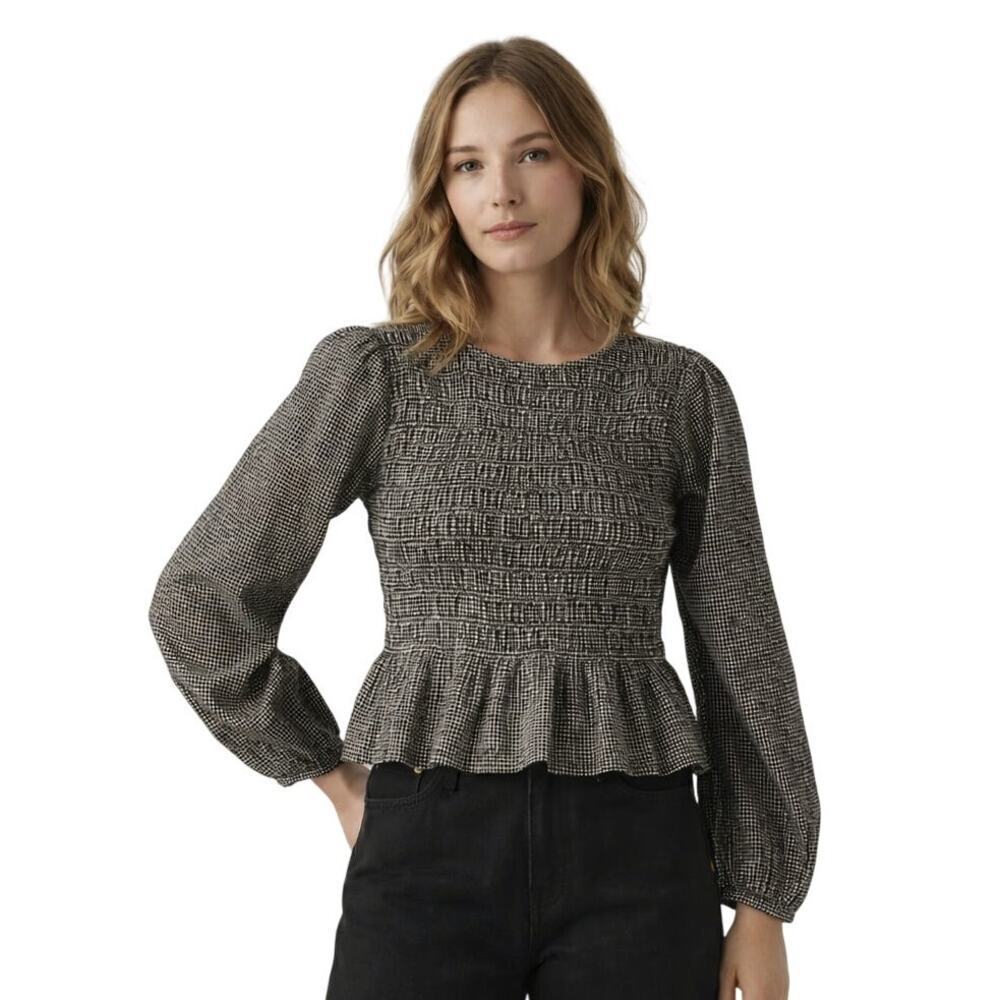 Levi’s Fleur Smocked Top XL Black White Gingham Peplum Seersucker Blouse
